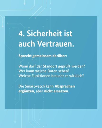 Türkisfarbene Grafik: Eltern und Kinder sollen gemeinsam Regeln für Standortabfragen, Datenzugriffe und Funktionen der Smartwatch festlegen.
