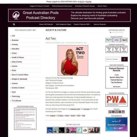 Act Two With Samantha Armytage   
Screenshot of the podcast listing on the Great Australian Pods website