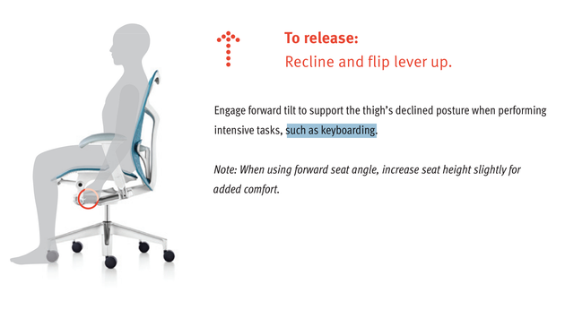 Chair manual saying “Engage forward tilt to support the thigh’s declined posture when performing intensive tasks, such as keyboarding.”