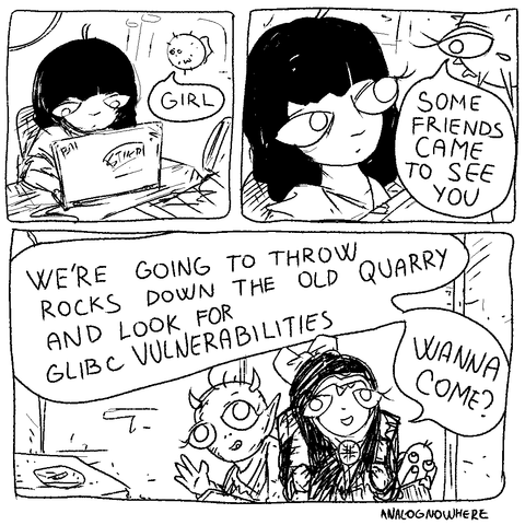 Girl, some friends came to see you.

We're going to throw rocks down the old quarry and look for glibc vulnerabilities, wanna come?!