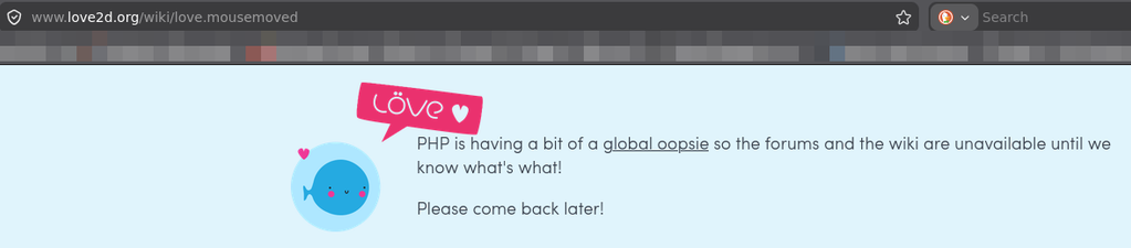 love2d website message about the dire PHP vulnerability, promising to come back when PHP is patched
