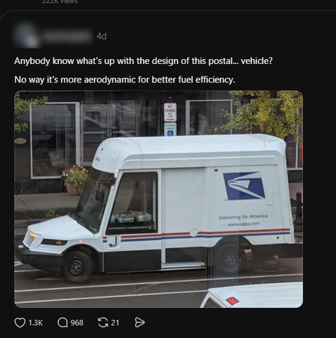 USPS delivery vehicle with a rounded, aerodynamic-looking front parked on a city street outside storefront windows, displaying the USPS eagle logo and the slogan "Delivering for America."