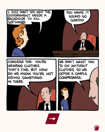 Comic illustrating why privacy matters

Person: I just don't see why the government needs a backdoor to all software.

Government official: You make it sound so sordid.

Panel 2

Government official: Consider this: you're wearing clothes. That's fine, but how do we know you're not hiding something in there.

Panel 3

Government official: We don't want you to go without clothes, so we offer a simple compromise.