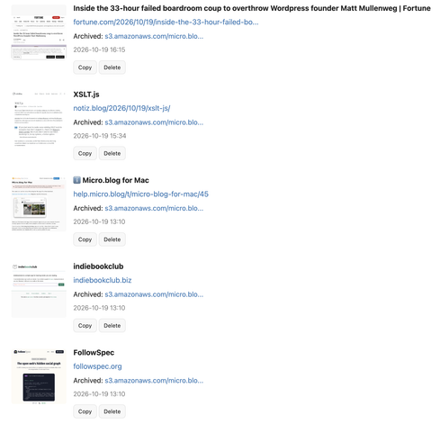 A list of archived web pages with titles, URLs, archive links, timestamps, and options to copy or delete each entry is displayed.