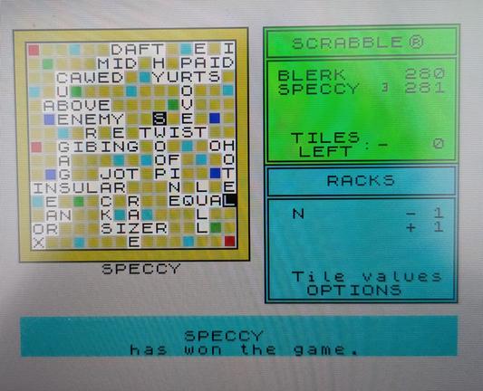 A completed game of Psion's 'Computer Scrabble' on the ZX Spectrum, showing the computer winning with a score of 281, compared to my score of 280.