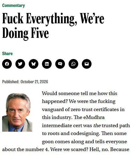 Screenshot of the classic Onion article "Fuck Everything, We're Doing Five Blades" but I've removed the word "Blades" and altered the text of the article to be an angry rant from an eMudhra exec about someone blowing up their spot by revealing the number 4