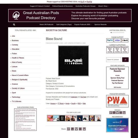 Blasé Sound   
Screenshot of the podcast listing on the Great Australian Pods website