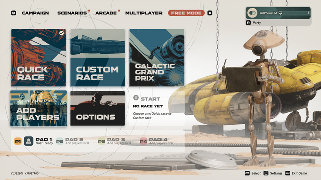 A sci-fi racing game menu overlays a desert hangar scene, with a small robot standing beside a large yellow spacecraft. Quick Race is selected, with options for custom races, multiplayer, and settings.