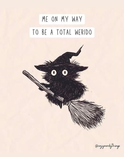 White background with a drawing of a black cat with big saucer eyes, sitting on a broomstick, and wearing a black witches hat. Black text in white boxes above the pic reads "Me on my way to be a total weirdo."