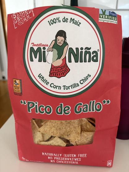 A bag of Mi Niña pico de gallo tortilla chips