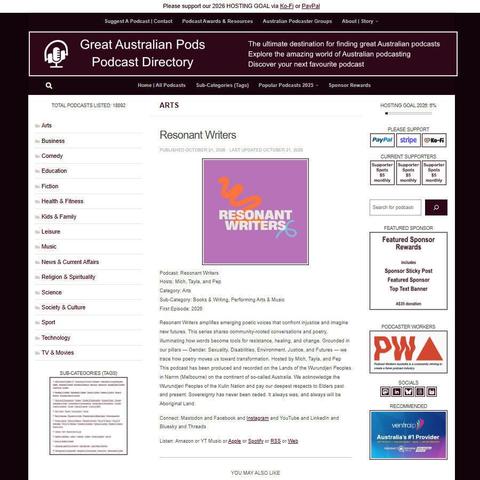 Resonant Writers   
Screenshot of the podcast listing on the Great Australian Pods website