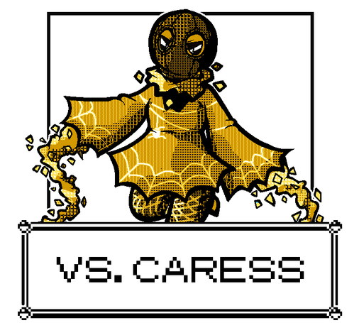 a pokemon RBY style vs battle screen against an anthro gastly in a balaclava, spiderweb dress, fishnets, and sporting gaseous whips. text reads VS. CARESS