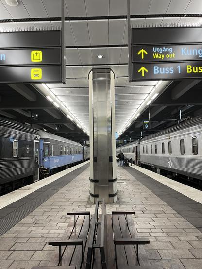 To nattog ved perronen. Ankom kl 6.20, man kan være i toget til kl 7. Det er hyggeligt at være en slags mprgenparkeret ved siden af hinanden.