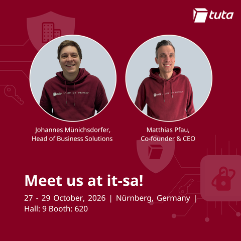 Images of Johannes Munichsdorfer & Matthias Pfau

with text:
Meet us at it-sa!
27 - 29 October, 2026 | Nurnberg, Germany |
Hall: 9 Booth: 620
