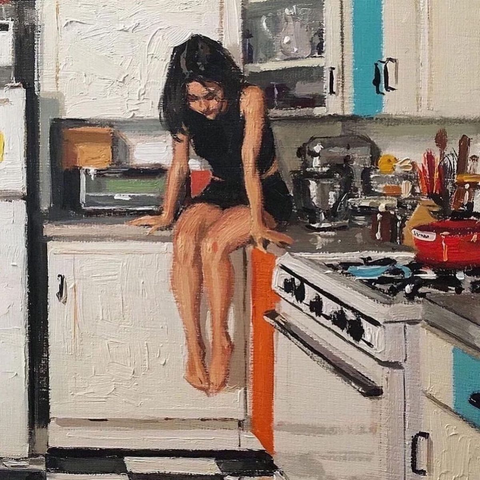 "In Her Kitchen" was created by the American contemporary realist painter Vincent Giarrano.

Vincent Giarrano (born in 1960 in Buffalo, New York)

Contemporary Realism

Oil on canvas

Everyday, intimate moments and the play of light in daily life
