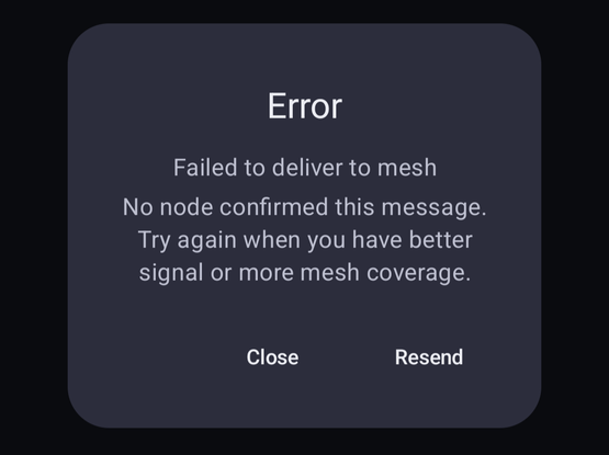 Screenshot meshtastic app: error. Failed to deliver to mesh.