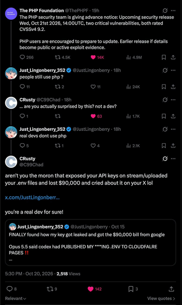 Screenshot of an Twitter thread announcing two critical PHP bugs vulnerabilities rated CVSS 9.2, followed by users debating PHP’s relevance, existences and mocking a developer over leaked API keys and a $90,000 bill.
