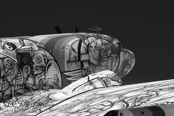 This is a black and white photo in landscape format of an old Douglas DC3 aircraft painted in a psychedelic style. Tucson, Arizona (2013).
The aircraft stretches from the left margin across the photo towards the right edge. The fuselage is angled upwards with only the mid and forward section in view. The wing stretches outwards from the middle of the fuselage and ends out of view beyond the right of the image. The camera is located close behind the wing, a metre and a half above the ground and angled towards the nose of the plane. The aircraft fills three-quarters of the image. The bright desert sun is illuminating the aircraft. The plane is painted all white with countless black swirls painted on top creating multiple patterns. Around the nose those patterns are fish like with their mouths open with a further fish inside the mouth. Aft of the nose and on the fuselage over the wing, the swirling lines become more random with any pattern hard to make out. There is an arm holding a sword, an open oyster shell and a female head with long hair. The swirling black lines continue on the wing but since that is at the same level as the camera they cannot be distinguished. The top of the plane reaches the three-quarters up level with the sky above and to the right of the nose rendered jet black and devoid of any detail.