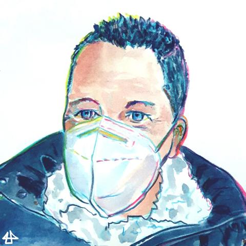Aquarellierte Buntstiftzeichnung, ein Person mit raspelkurzen Haare, weissem wuscheligem Schal  und dunkler Jacke. Die Augen abgewandt und ernst. Die FFP2 Maske ist weiss.