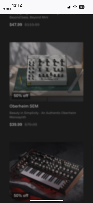 screenshot of the gforce plugins site. you can tell there’s an oberheim sem emulation plugin on the screen, but barely! because everything has a completely unnecessary blur applied to it.