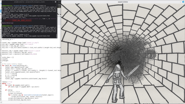 A screen-shot showing a game window containing a monochrome depiction of a dungeon tunnel trailing off into the distance with a teenage kid with a backpack with a cat motif, wielding an outsize sword, seen from behind. A transparent ghost is lunging out of the dark at the kid. To the left is an editor containing python code, and a Linux terminal window with some program output in it.