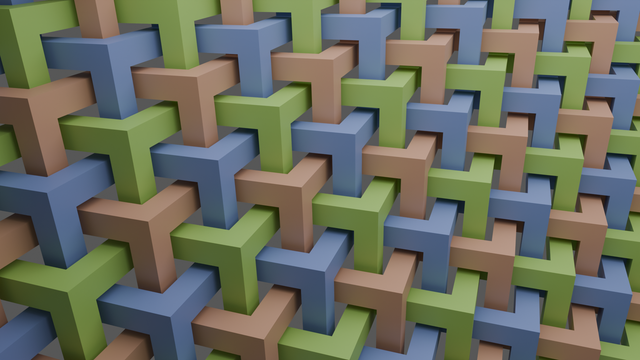 A computer rendering of three interlaced lattices that lie on the edges of cubes.