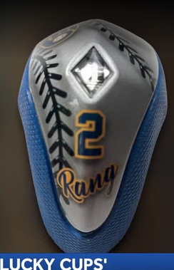 "lucky cups" for the brewers with the players number and name on them and a sort of baseball motif with the stitching