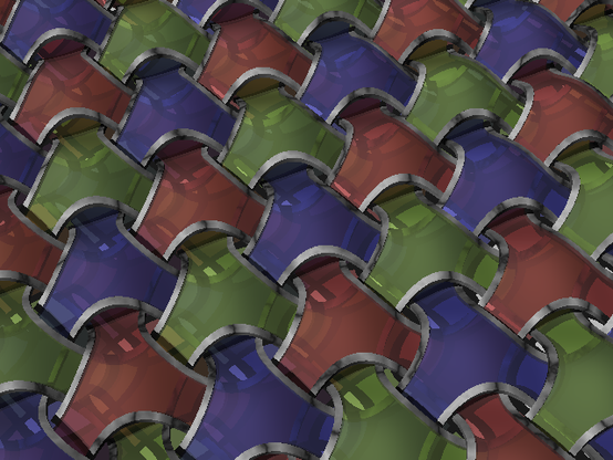 Three translucent sheets of red, green, and blue interwoven through holes ringed with white marble.