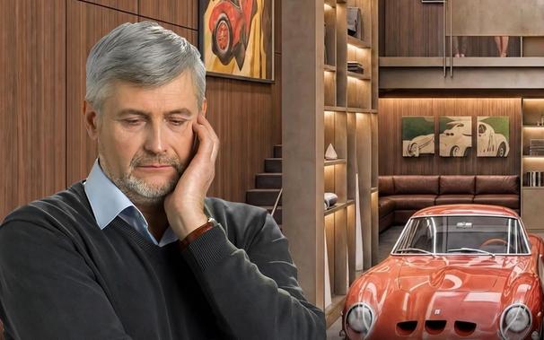 Upper-class, gray-haired man sad and downcast with hand on face next to depiction of luxury car condos being built next to Ballard Locks in Seattle.