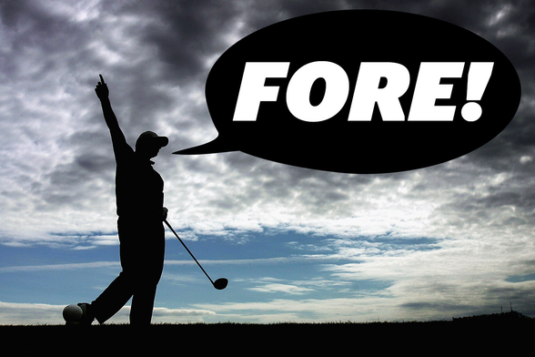 A golfer in silhouette against a partly cloudy sky, with a raised finger and a very large speech bubble that says “FORE!“