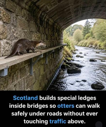 A photograph of Steve the otter walking on a narrow concrete ledge inside a stone bridge beside a flowing river.  
Text in image: “Scotland builds special ledges inside bridges so otters can walk safely under roads without ever touching traffic above.”