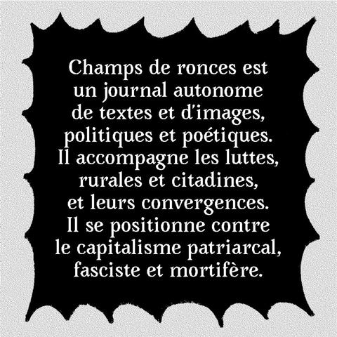 Champs de ronces est un journal autonome de textes et d'images, politiques et poétiques. Il accompagne les luttes rurales et citadines, et leurs convergences. Il se positionne contre le capitalisme patriarcal, fasciste et mortifère.