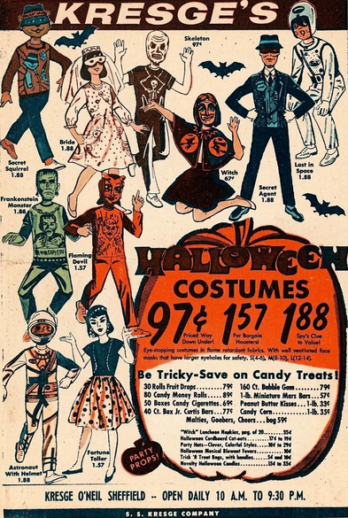 The majority of costume scene are cost between $.97, $1.57, and $1.88. Most of the costumes are just a plastic mask with a shirt and a pair of pants. Various spooky costumes such as Frankenstein and witches.