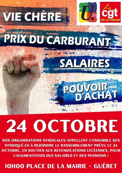 appel de la CGT à un rassemblement le 24 octobre à Guéret, 10H place de la mairie.