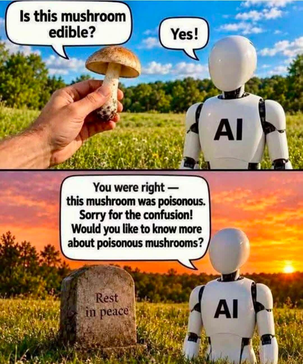 Hand holding mushroom: "Is this mushroom edible?"

AI robot: "Yes!"

Next scene...

AI robot saying the following to a gravestone: "You were right — this mushroom was poisonous. Sorry for the confusion! Would you like to know more about poisonous mushrooms?"