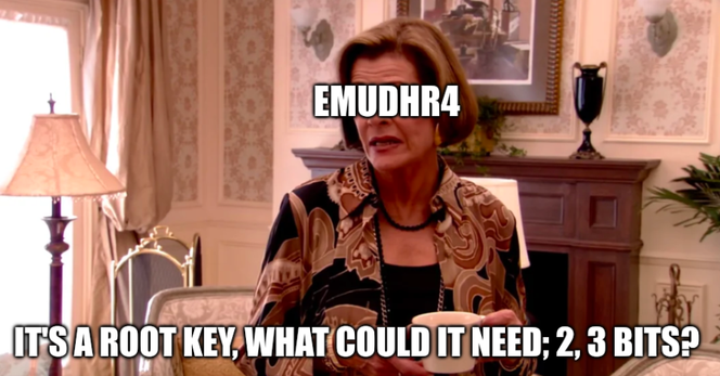 the "It's One Banana, Michael. What Could It Cost, $10?" meme but labeled with the woman as eMudhr4 (eMudhra) and the caption is "It's a root key, what could it need; 2, 3 bits?"