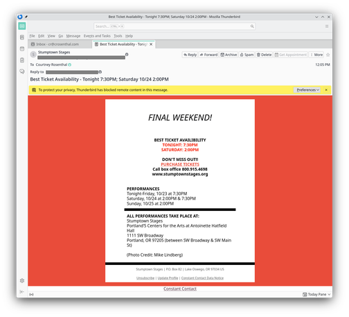 A Mozilla Thunderbird screenshot of an email from Stumptown Stages headed "FINAL WEEKEND!" that lists "Best Ticket Availability" times, performance dates, and the venue address, but its text never names the show being promoted. The words "PURCHASE TICKETS" appear in red, underlined like a clickable link, above the box office phone number.

(Description assisted by Claude AI.)