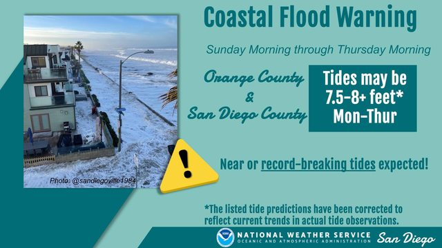Coastal Flood Warning goes into effect at 5 AM Sunday as high tides are expected to increase over 7.5 feet. Coastal flooding is expected during each morning high tide through Thursday.