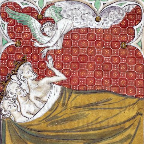 Angel says: keep your hands on top of the blanket, guys! Queen Mary Psalter, London 1310-1320. British Library, Royal 2 B VII, fol. 131v.
#medieval #MedievalArt