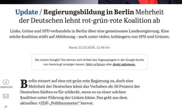 Screenshot: Tagesspiegel
Mehrheit der Deutschen lehnt Berlin ab.
