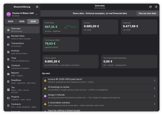App overview page with sample data