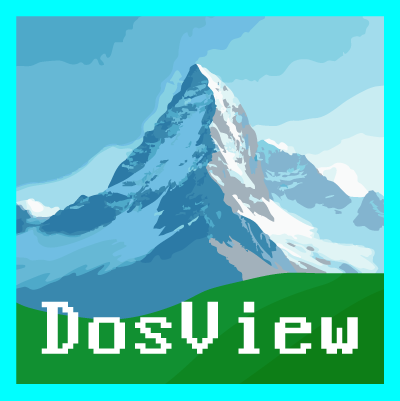the dosview logo: showing a snow covered mountain in front of blue sky with rough color transitions. below is DosView written in a pixelated font.
