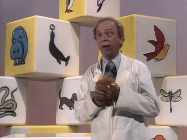 GIF of Mean Mamma (a Muppet monster) emerging from a pile of oversized blocks she just knocked over as a terrified Don Knotts watches