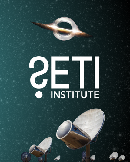 SETI Institute logo. Graphics: (top) Black hole. (bottom) Radio telescope dishes at the Allen Telescope Array. Background: Starry night sky.