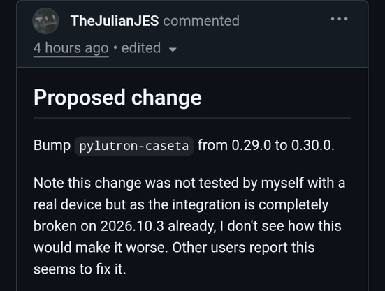 Proposed change

Bump pylutron-caseta from 0.29.0 to 0.30.0.

Note this change was not tested by myself with a real device but as the integration is completely broken on 2026.10.3 already, I don't see how this would make it worse. Other users report this seems to fix it.