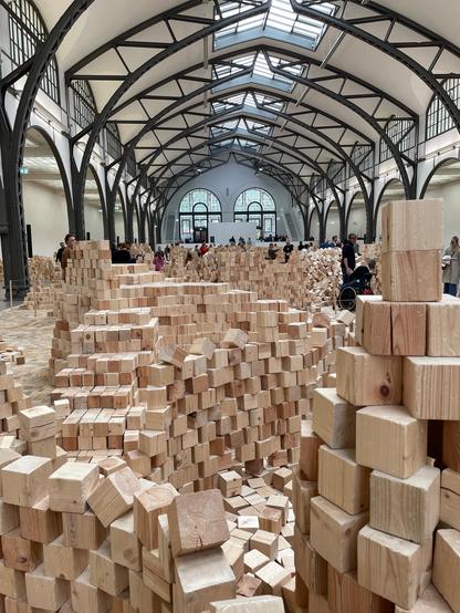 An entire hall full of 400000 wooden blocks, mostly stacked. You can hardly see the people playing with them.