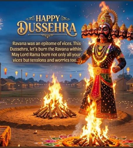 A digital illustration featuring an effigy of a seven-headed Ravana, a large bonfire, and decorative text against a night sky. The effigy is wearing black, gold, and red patterned clothing and ornate jewelry. It stands partially surrounded by flames. In the center, a bonfire of wooden logs burns, while the foreground shows a small flame atop a colorful circular pattern. The background includes small huts, strings of lights, and a dark blue sky. The text at the top reads, "HAPPY DUSSEHRA," and below it, "Ravana was an epitome of vices. This Dussehra, let's burn the Ravana within. May Lord Rama burn not only all your vices but tensions and worries too..."