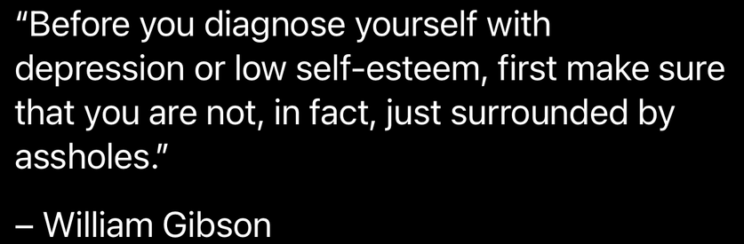 "Before you diagnose yourself with depression or low self-esteem, first make sure that you are not, in fact, just surrounded by assholes. - William Gibson
