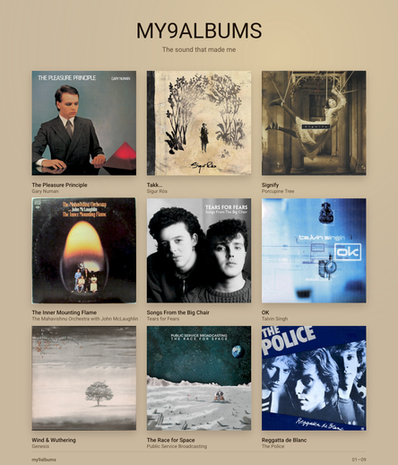 "Nine albums that made me"

Gary Numan Pleasure Principle
Sigur Ros Takk..
Porcupine Tree Signify
Mahavishnu Orchestra Inner Mounting Flame 
Tears For Fears songs from the big chair 
Talvin Singh ok
Genesis Wind and Wuthering
Public Service Broadcasting Race for Space
Police reggatta de blanc