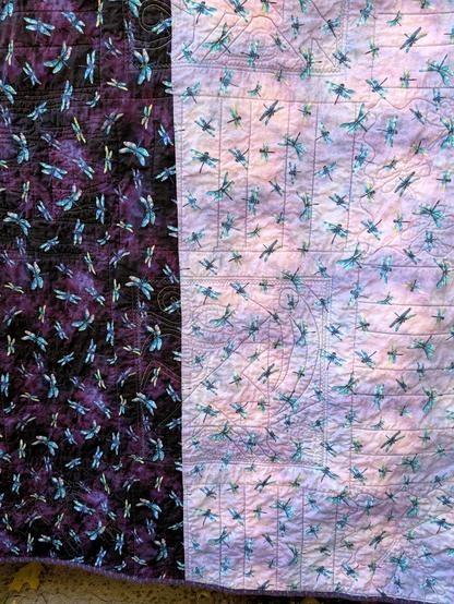 Back of a quilt, showing the same fabric in two colorways:  dragonflies on a dark purple background, and on a light purple background.  The dark is in the middle of the quilt.  The stitching done on the front can be seen:  a crow surrounded by some swirly winds, framed by a border, and the dragonflies stitched in blue-green to the sides are nearby.